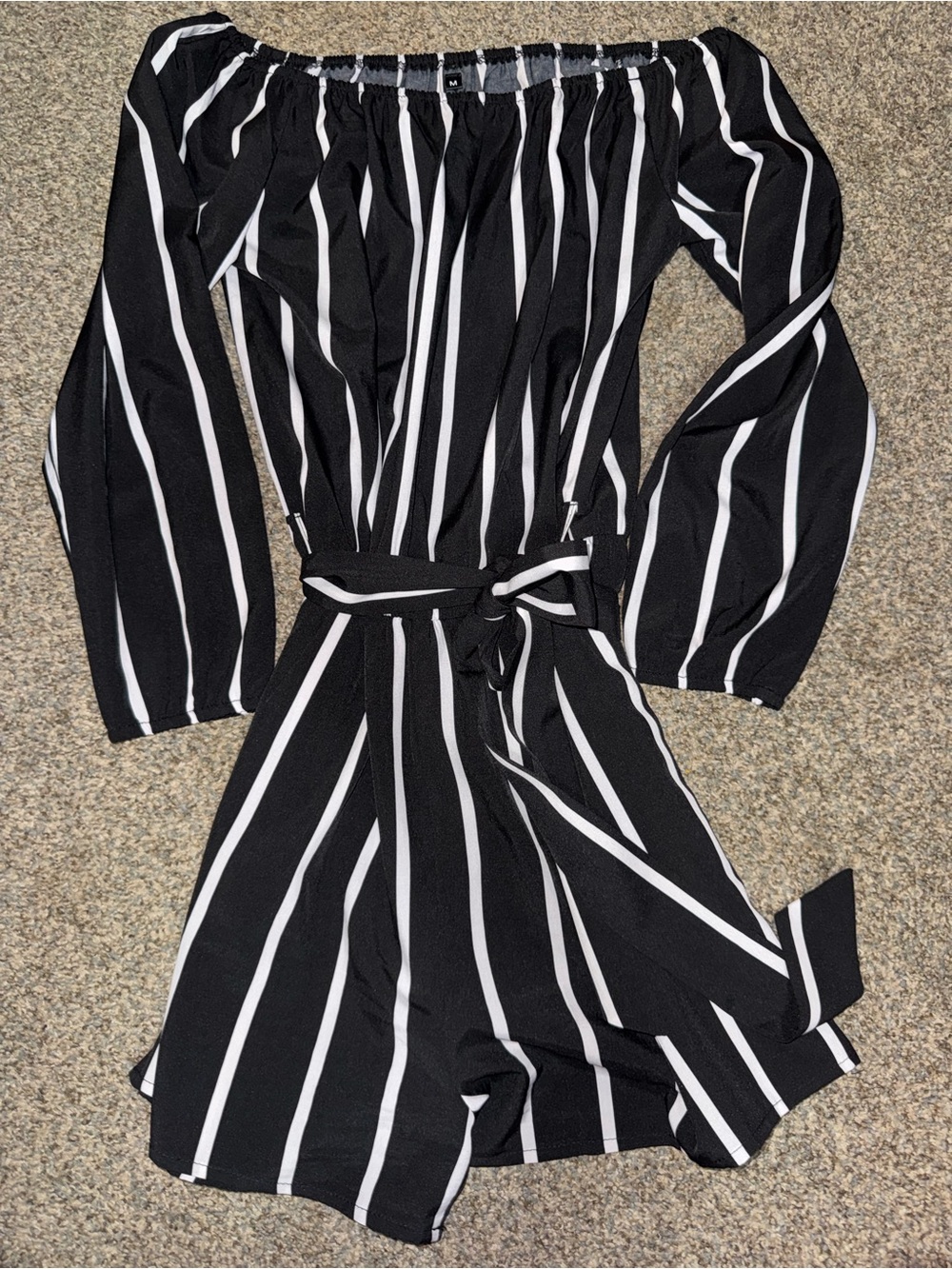 Black & White Vertical Stripe Off-Shoulder Romper with Waist Tie